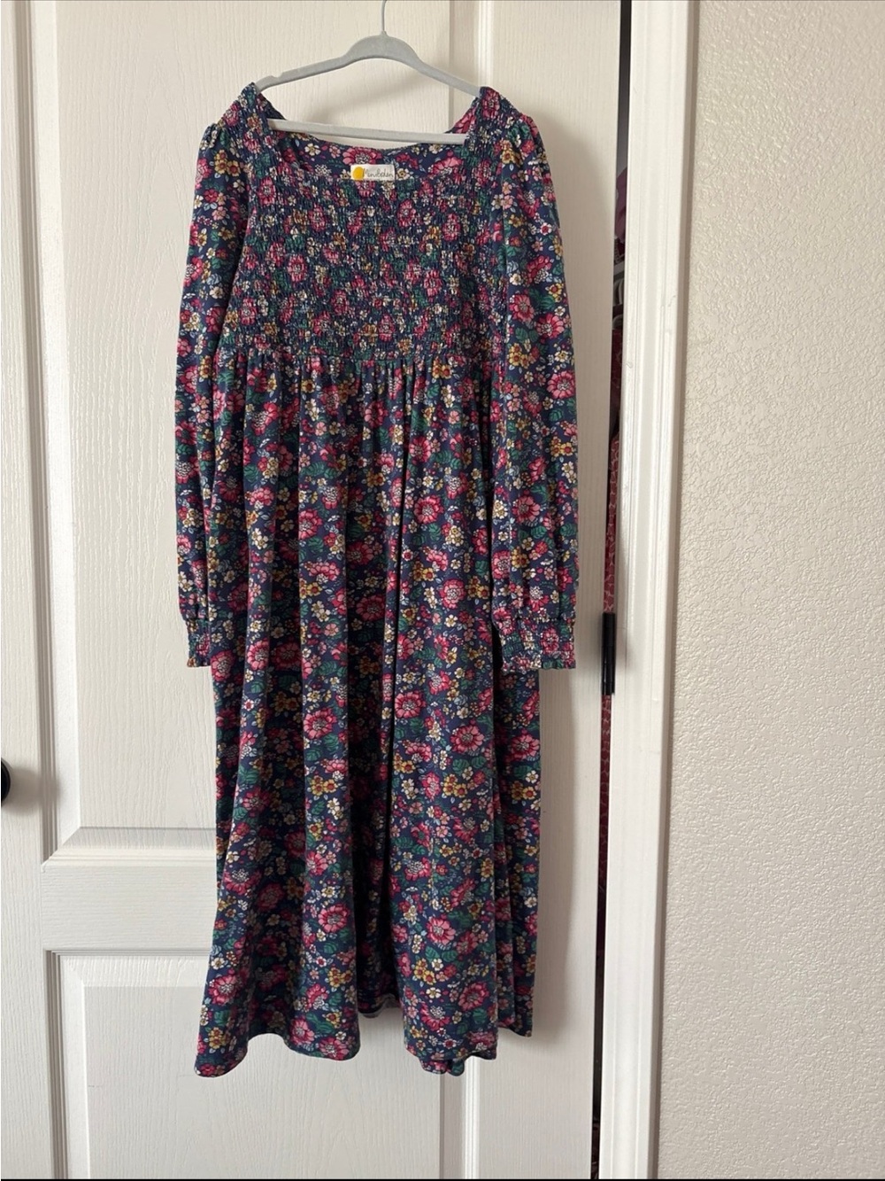 Mini Boden Girls Floral Long-Sleeve Smocked Dress - Navy Pink Floral